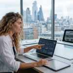 A woman focused on her laptop while seated at a desk in a modern office environment